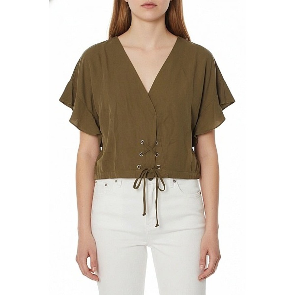 Zara Basic Denim Women's Size XS Cropped Top Army Green Lace Up V-Neck Flutter
